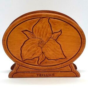 Hand Carved Vintage Wooden Oval Trillium Flower Napkin Holder